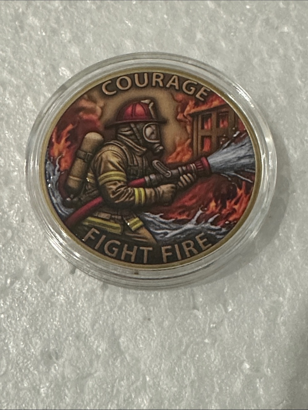 Courage Fight Fire Firefighter Challenge Coin - Red, Gold, Brown